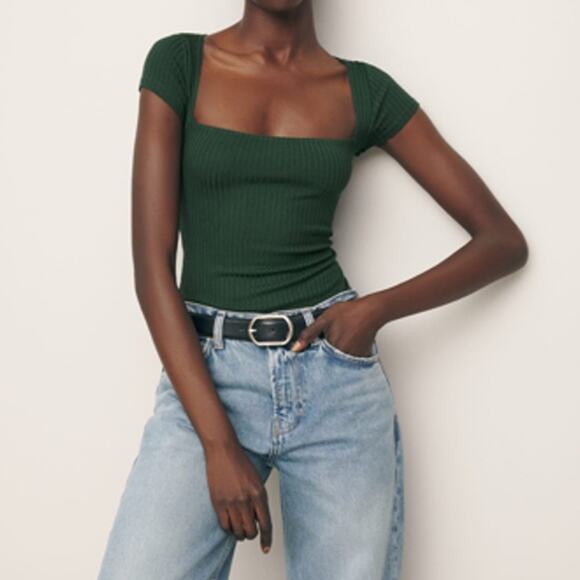Reformation Bardot Bodysuit Square Neck Cap Sleeve Ribbed in Green Size Small - Picture 1 of 6